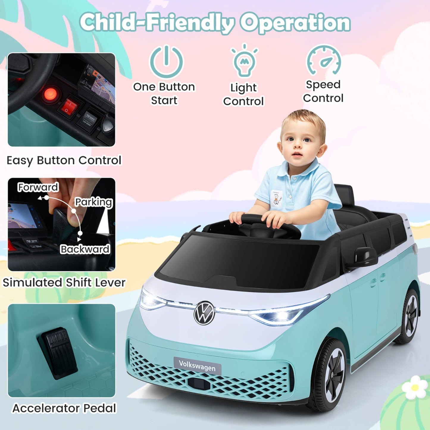 12V Electric Ride-On VW Bus with Remote Control & Music - - Ride-On Toy