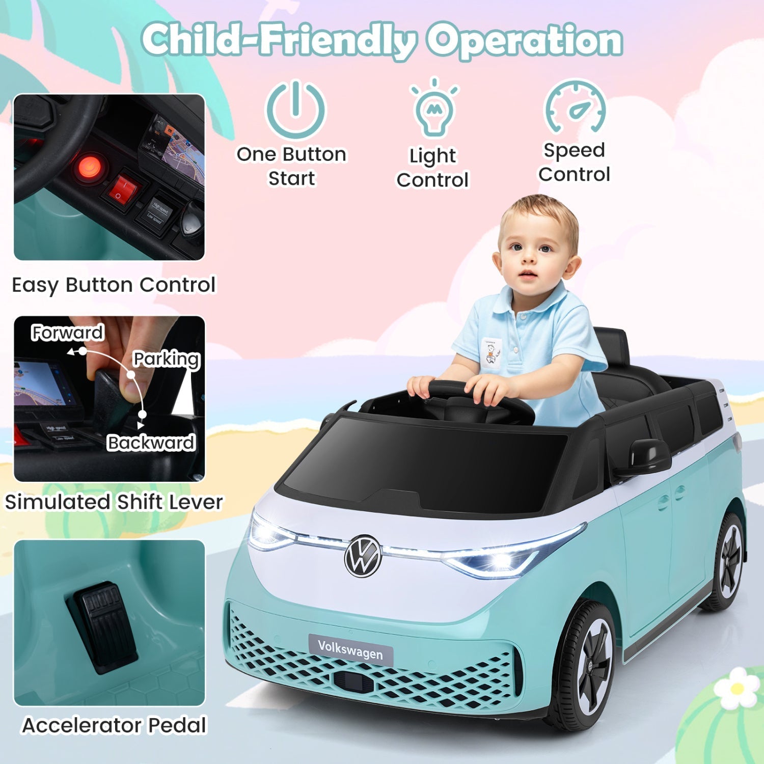 12V Electric Ride-On VW Bus with Remote Control & Music - - Ride-On Toy