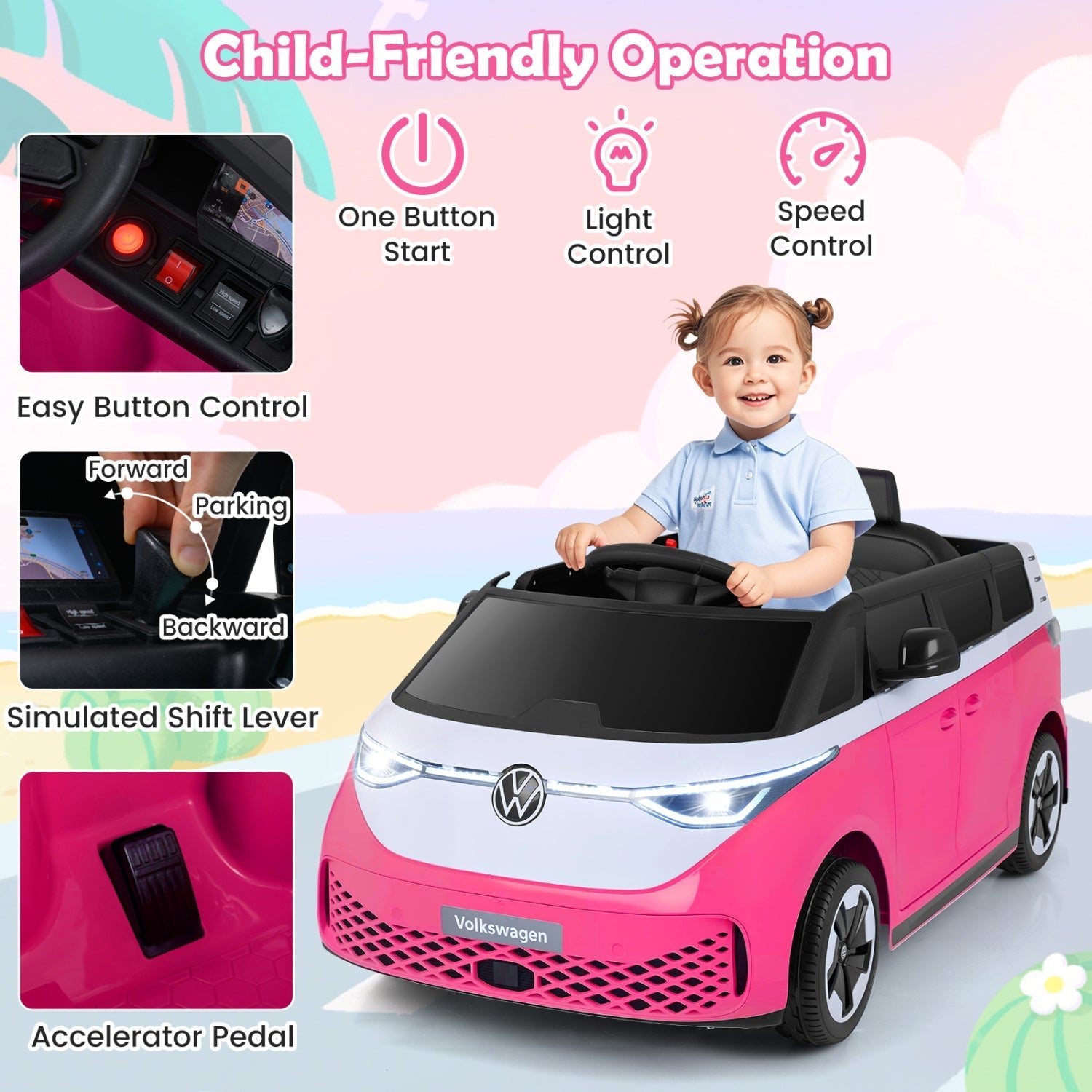 12V Electric Ride-On VW Bus with Remote Control & Music - - Ride-On Toy
