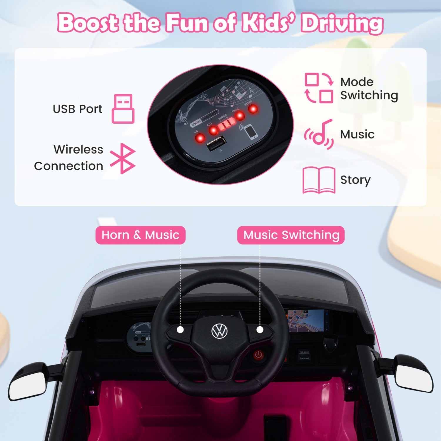 12V Electric Ride-On VW Bus with Remote Control & Music - - Ride-On Toy