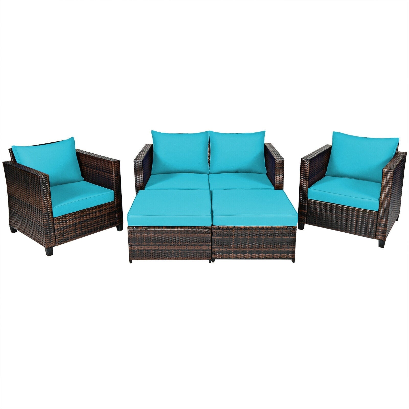 5 Pieces Patio Cushioned Rattan Furniture Set - Turquoise - patio set