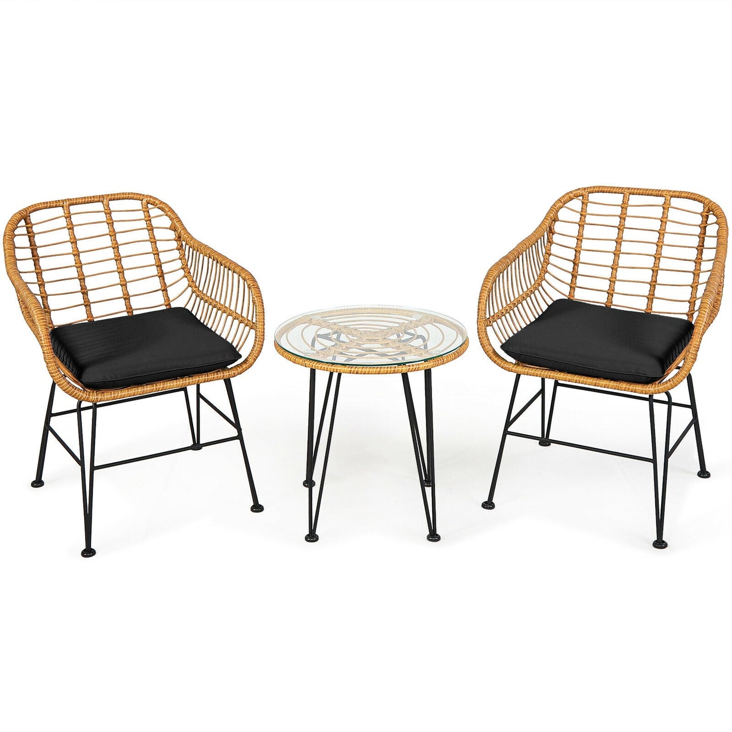3 Pieces Rattan Furniture Set with Cushioned Chair Table- DirectDeals- {{Product type}}