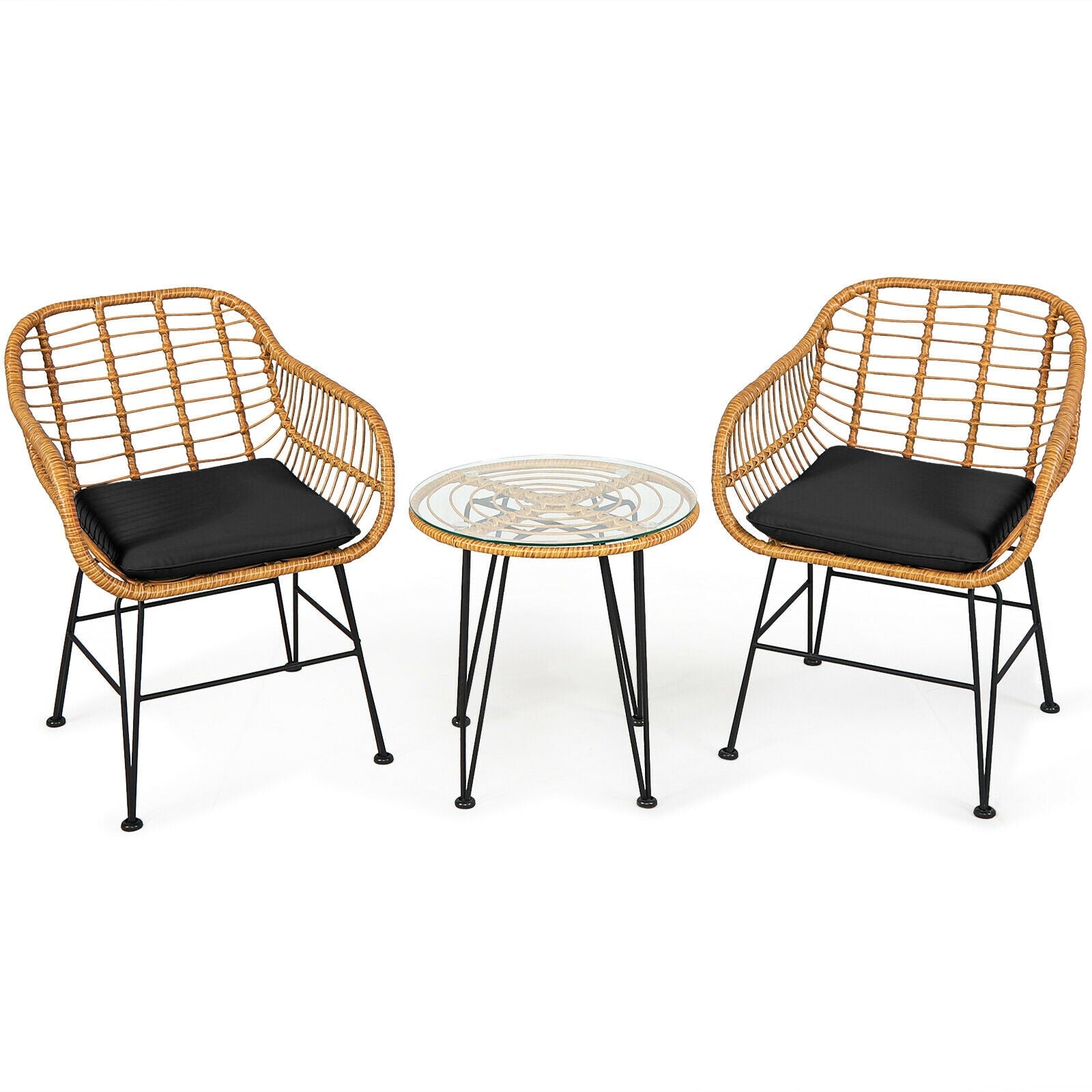 3 Pieces Rattan Furniture Set with Cushioned Chair Table- DirectDeals- {{Product type}}