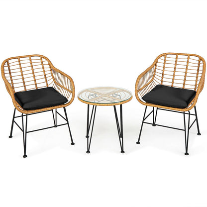 3 Pieces Rattan Furniture Set with Cushioned Chair Table- DirectDeals- {{Product type}}