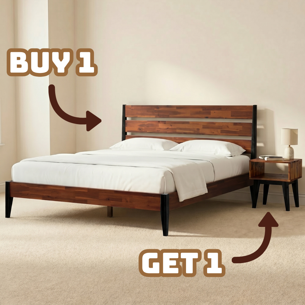 [Buy 1 Get 1] Emery Solid Wood Bed Frame & Nightstand - Americano - Bedroom Set