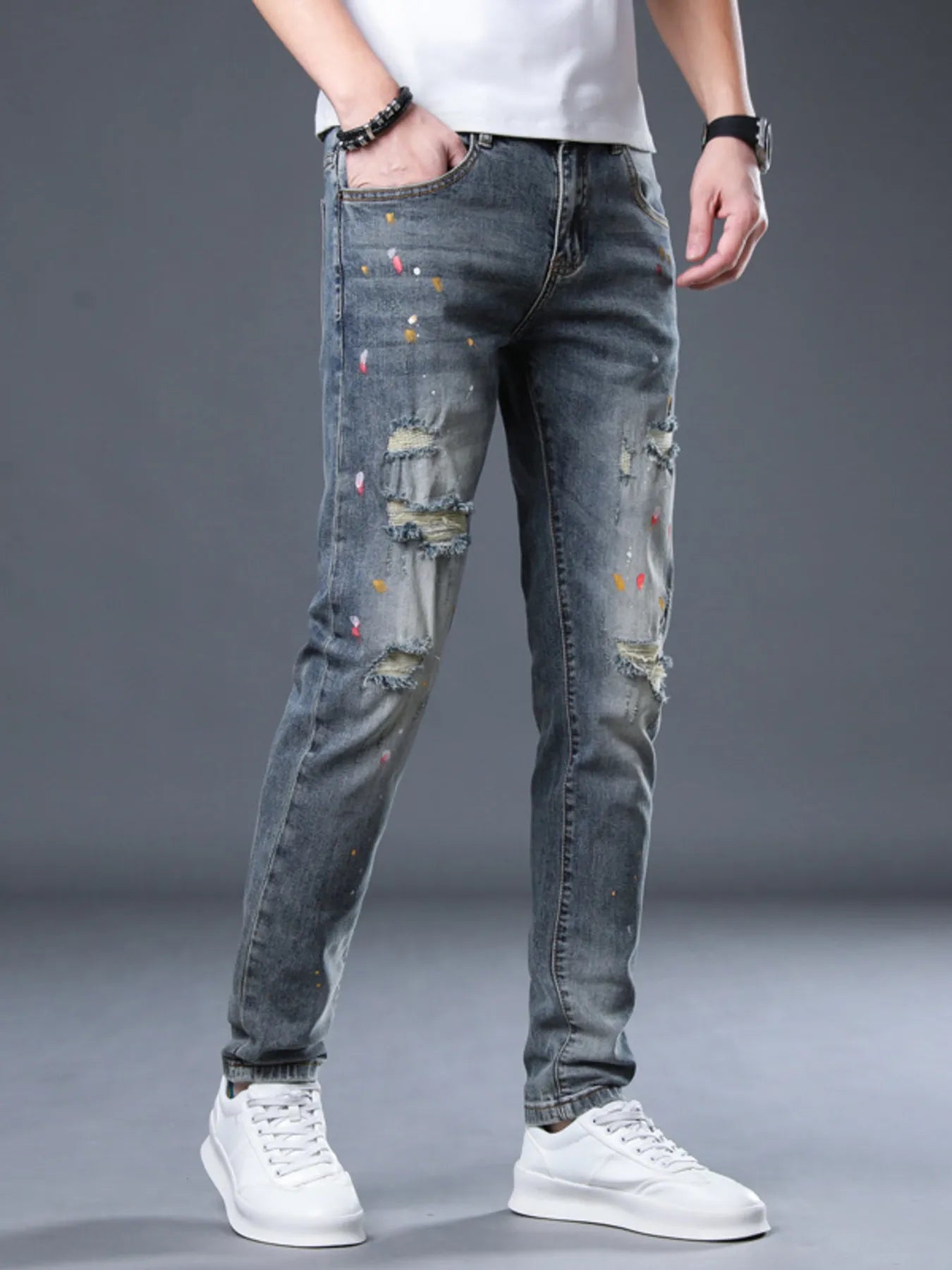 Men's Distressed Slim Fit Jeans - -
