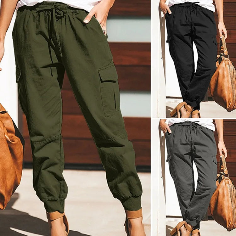 Women Cargo Pants Solid Color Elastic Waist Tie Long Women's Trousers