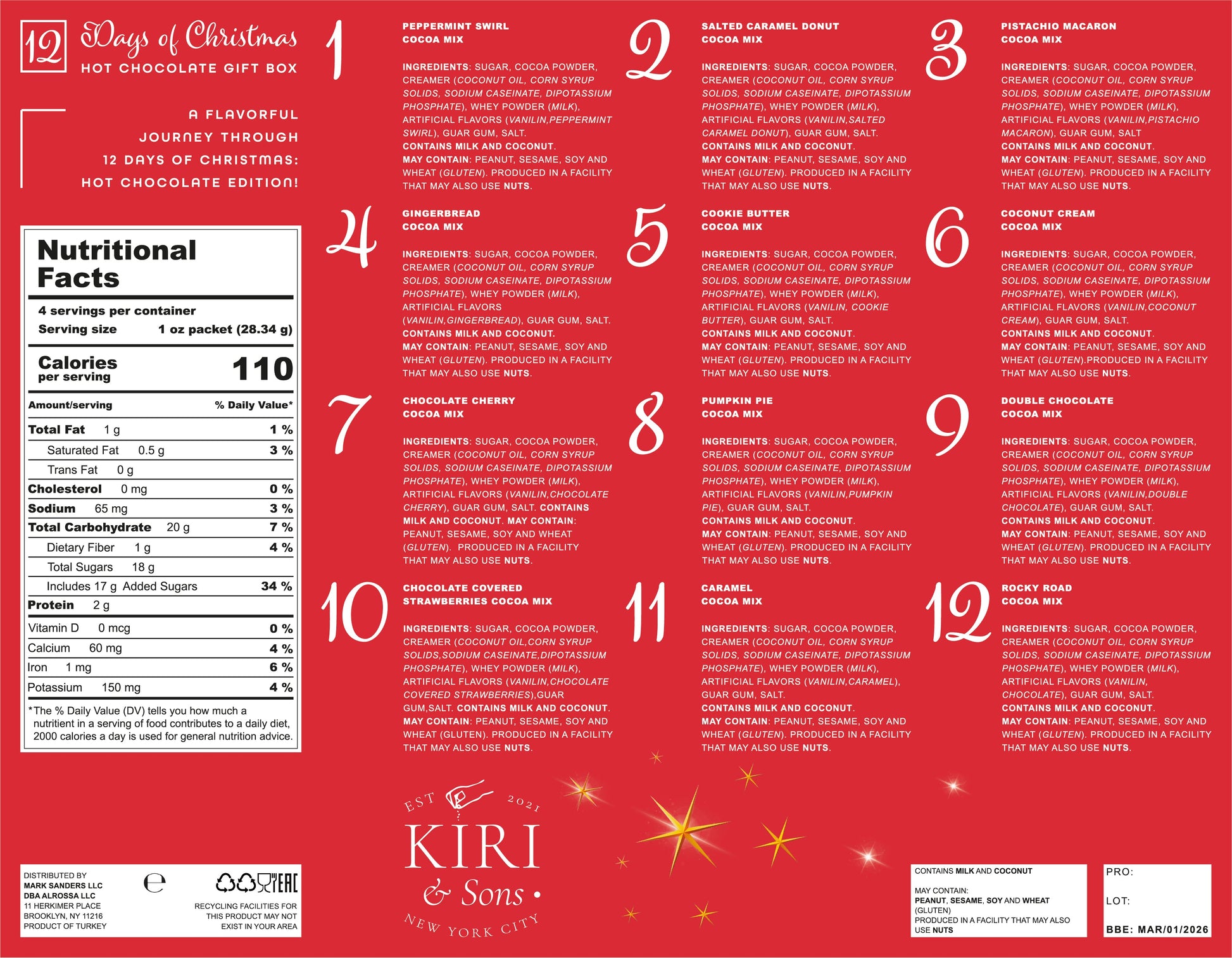 12 Days of Christmas Hot Chocolate, Giftable Food Set - - food