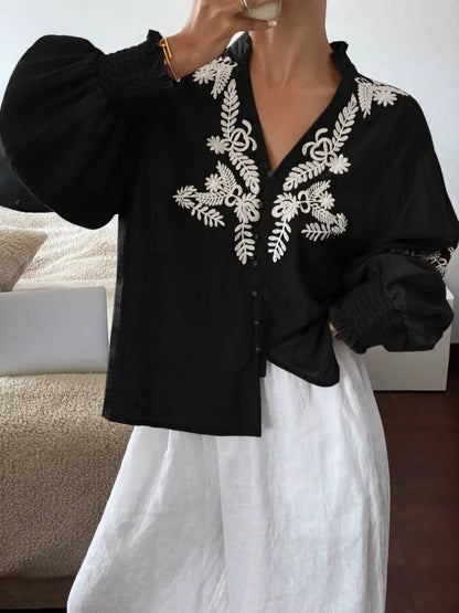 Embroidered Notched Long Sleeve Blouse - Black -