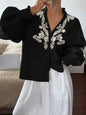 Embroidered Notched Long Sleeve Blouse - Black -