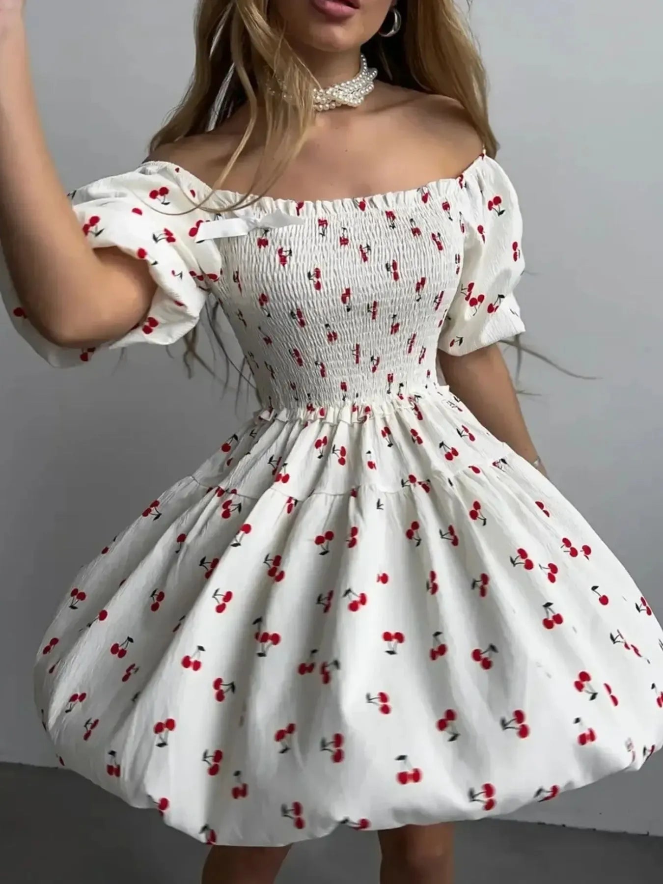 Puff Sleeve Cherry Print Smocked Mini Dress - -