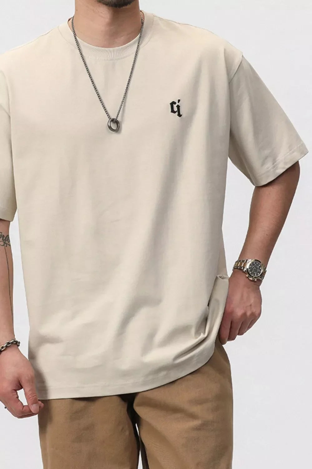 Men's Plus Size Round Neck Relaxed Fit T-Shirt - Cream -