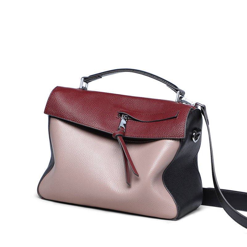 Genuine leather bag for female bag shoulder bag large capacity with contrast color pattern tote - Wine -
