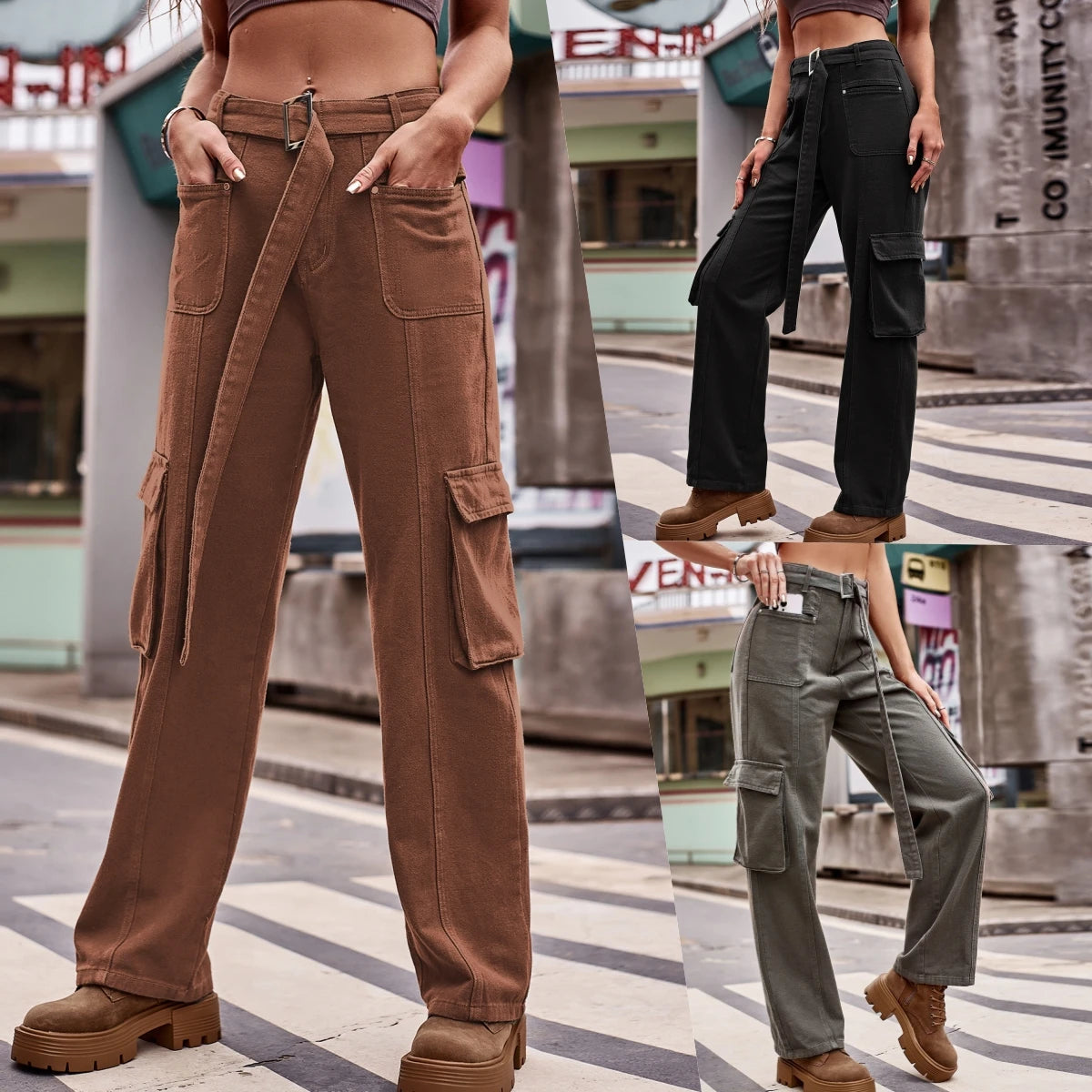 Denim Casual Pants Waist Band Loose Fit Multi-Pocket Wide Leg Pants