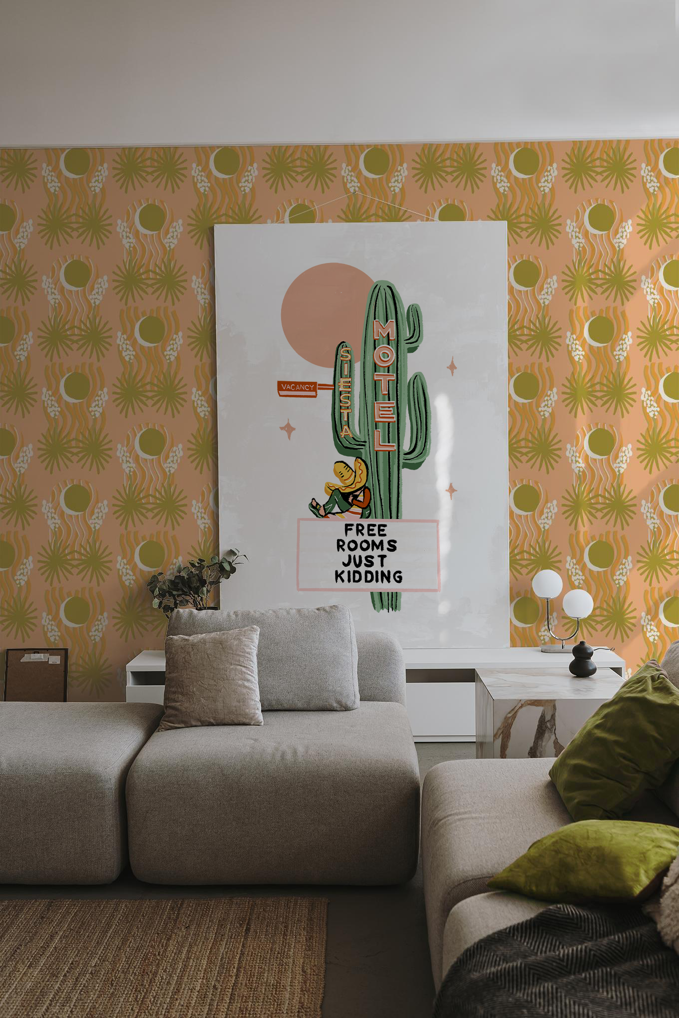 Yucca Moon Wallpaper, peach and green- Samantha Santana Creative- {{Product type}}