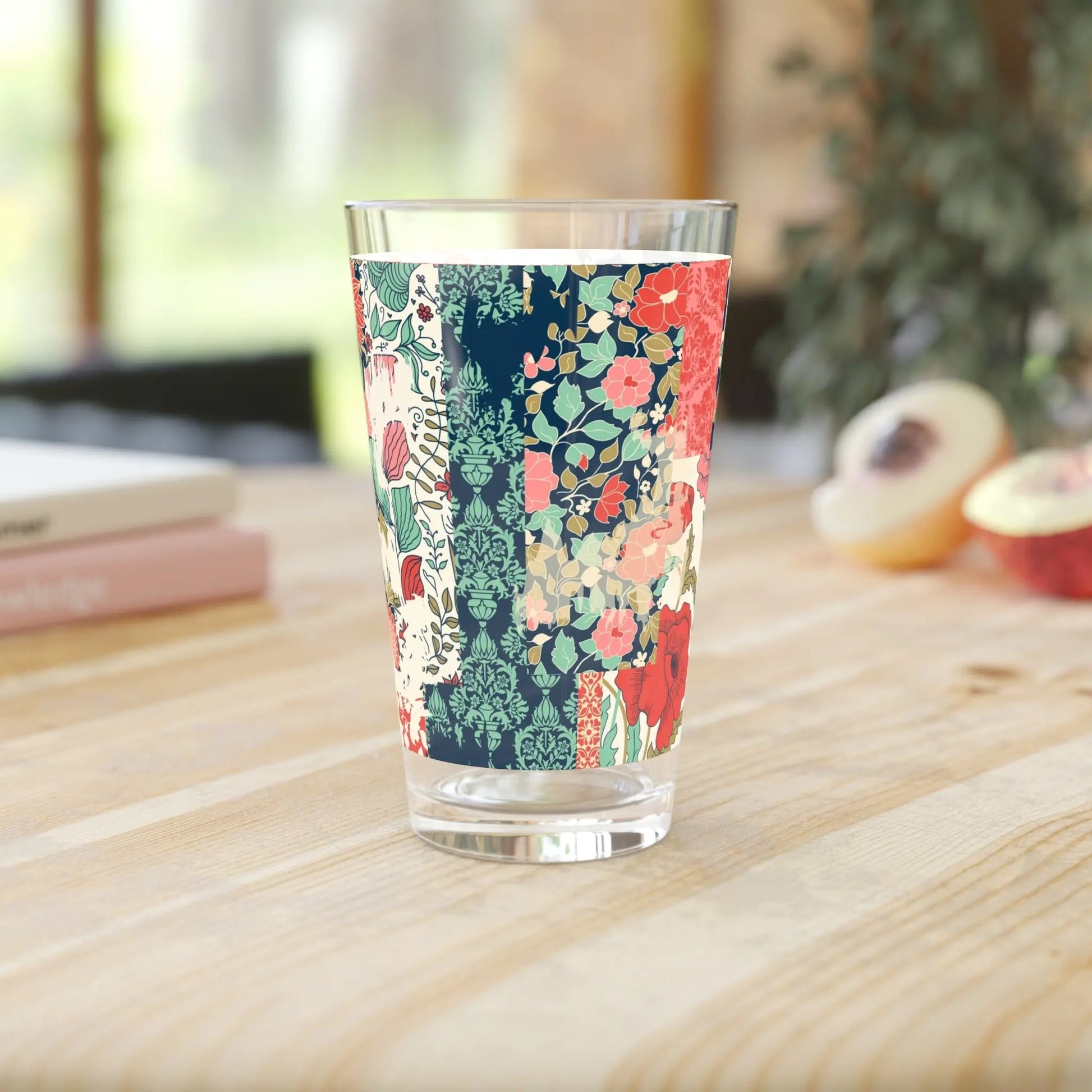 Floral Design Pint Glass - 16oz Decorative Drinkware for Home & Events Printify