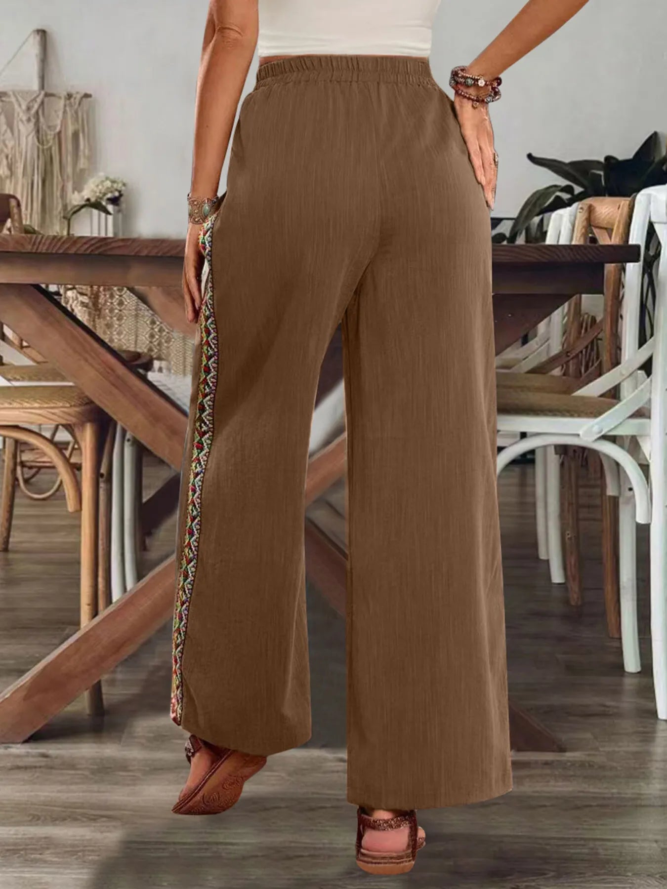 Bohemian Wide Leg Embroidered Side Stripe Pants - -