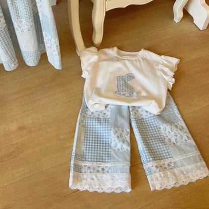 Girls Summer Pants Set Rabbit Pattern blue white