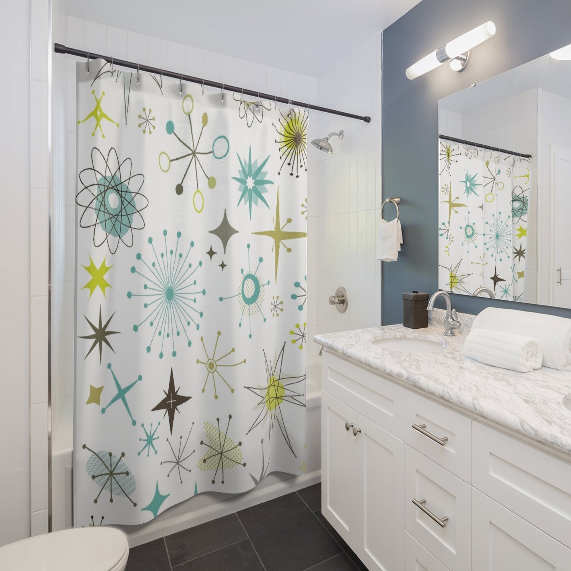 Mid-Century Modern Shower Curtain - Retro Starburst Design - Kia Day Design