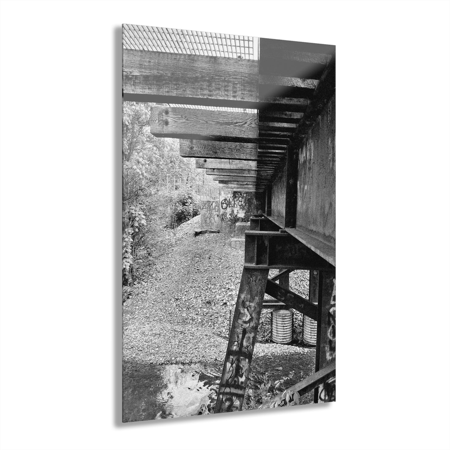 Black & White Train Trestle Acrylic Print — Rustic Industrial Wall Art French Cleat - - Home Decor