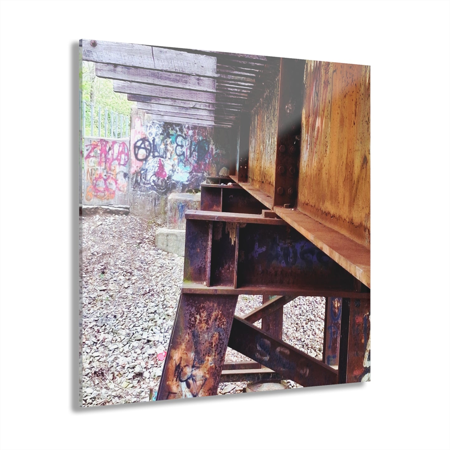 Urban Rust Photography Acrylic Print — Graffiti Underpass Wall Art French Cleat Hanging - 12″ x 12″ 0.25'' - Home Decor