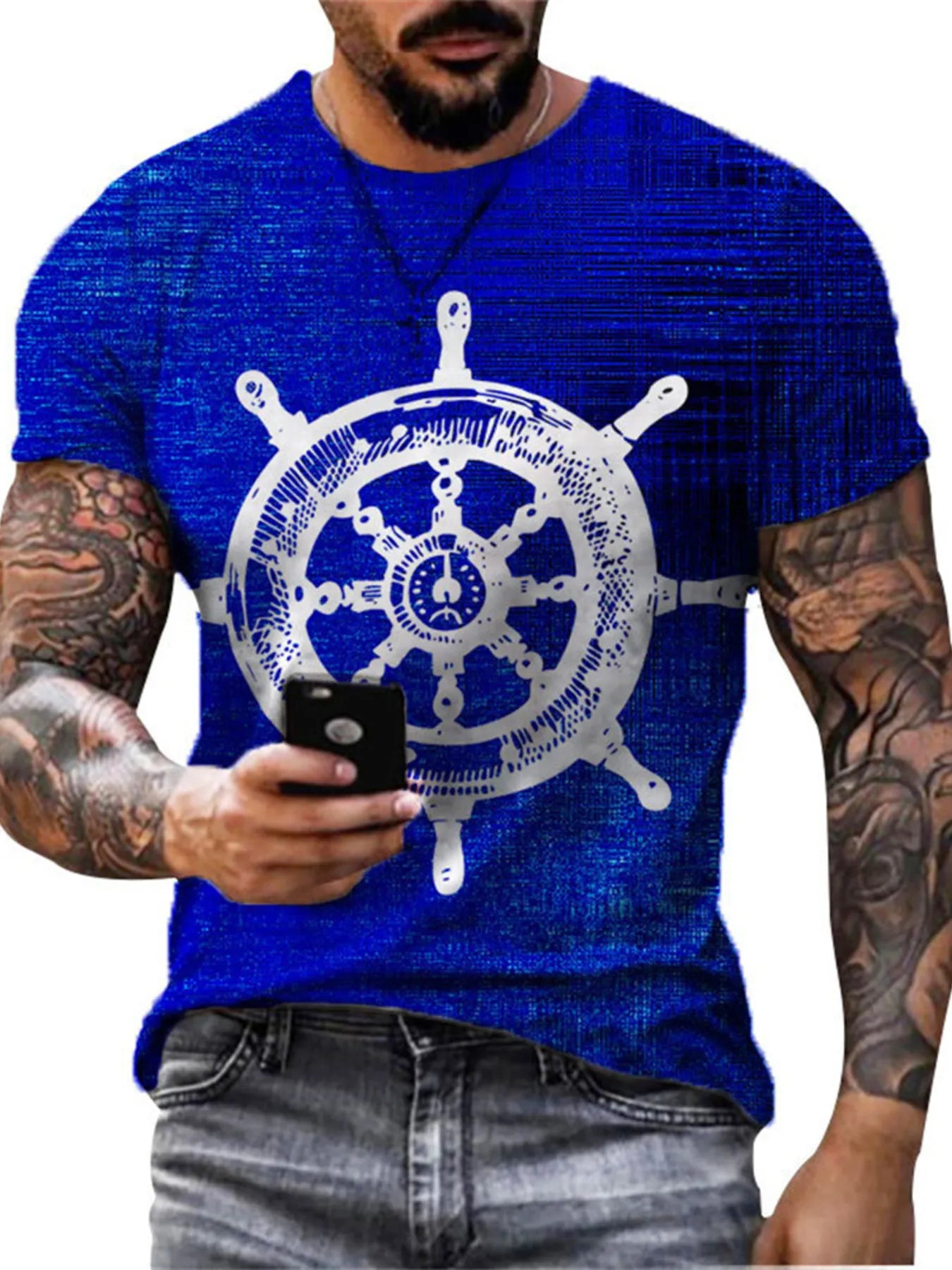 Men's Full Size Artistic Compass Graphic Round Neck T-Shirt Plus Size - Royal Blue -