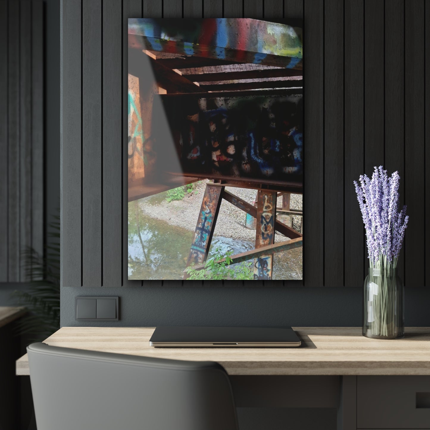 Graffiti Bridge Acrylic Print — Urban Decay Photo Wall Art French Cleat Hanging - 24" x 36" (Vertical) 0.25'' - Home Decor