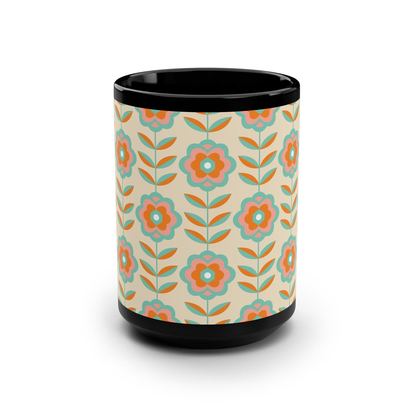 Retro Floral Pattern Black Mug - 15oz - Kia Day Design