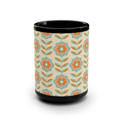 Retro Floral Pattern Black Mug - 15oz - Kia Day Design
