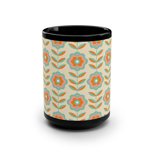 Retro Floral Pattern Black Mug - 15oz - Kia Day Design