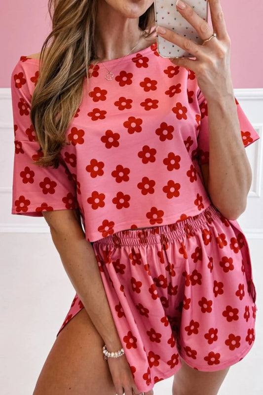 Floral Cropped Tee and Shorts Lounge Set - Coral - short set