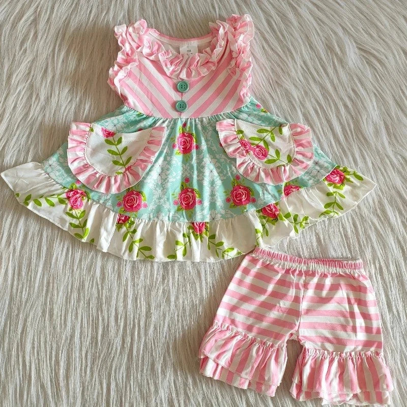 Flower Summer Pocket Ruffle Top and Shorts Set green pink