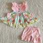 Flower Summer Pocket Ruffle Top and Shorts Set green pink