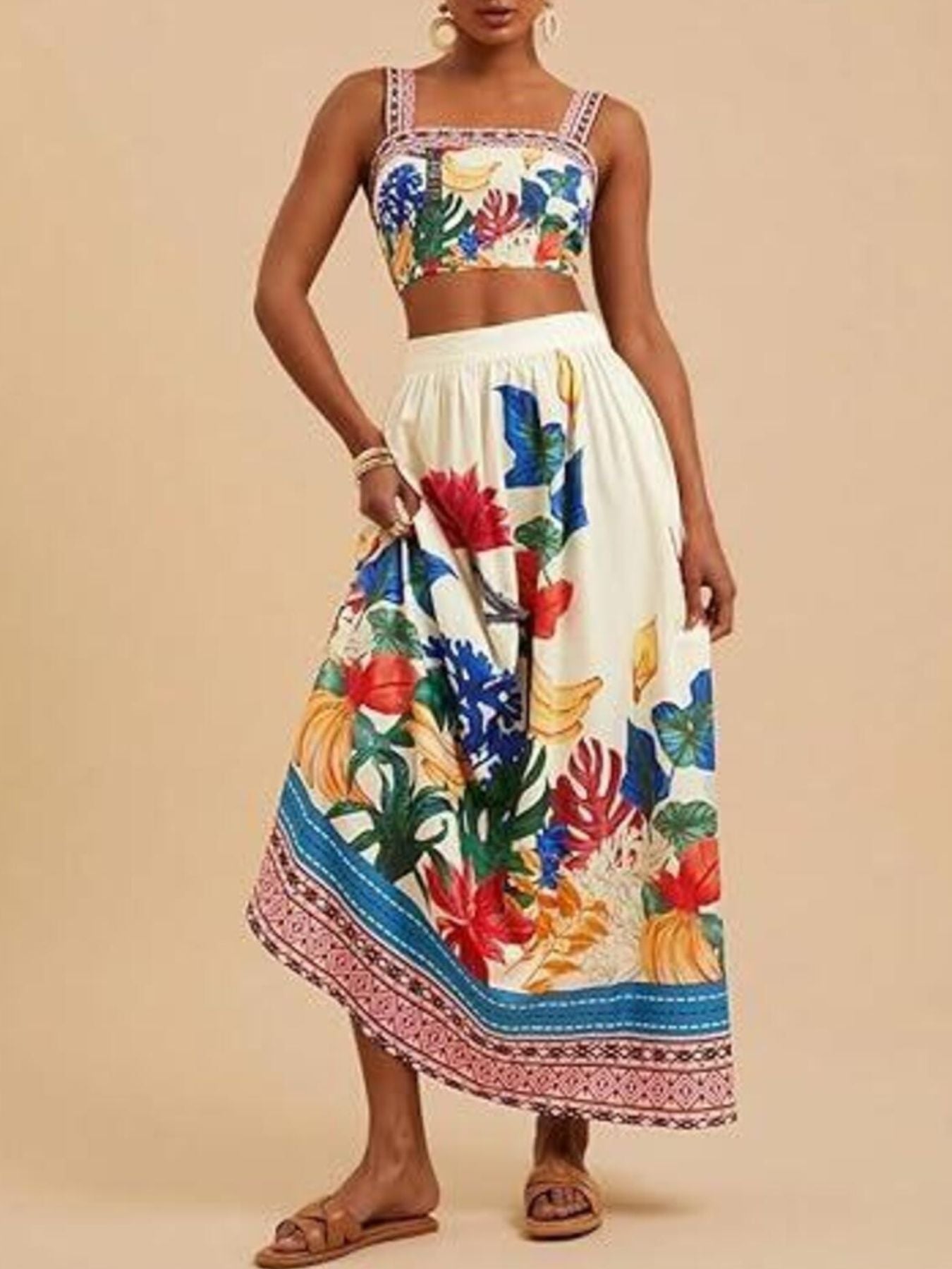 Floral Print Crop Top and Skirt Set - Multicolor -