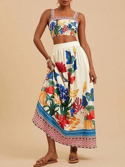 Floral Print Crop Top and Skirt Set - Multicolor -