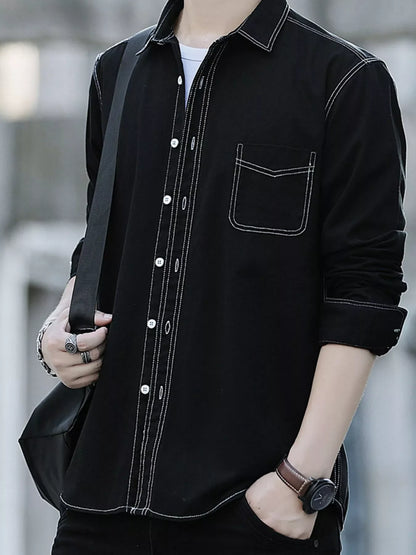 Men's Full Size Button Up Long Sleeve Shirt Plus Size - Black -