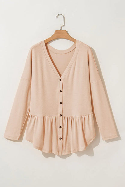 Curved Hem V-Neck Long Sleeve Top - -