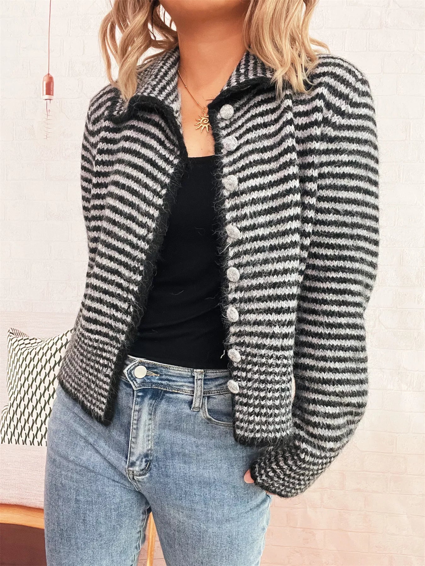 Striped Button-Up Long Sleeve Cardigan - -