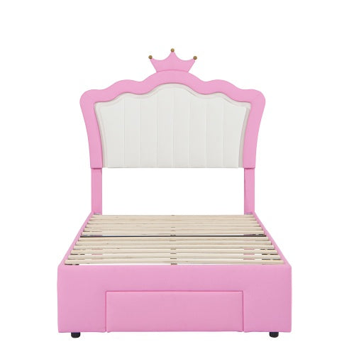 Twin Size Upholstered Bed Frame With LED Lights With Crown Headboard and Drawer - - bed frame