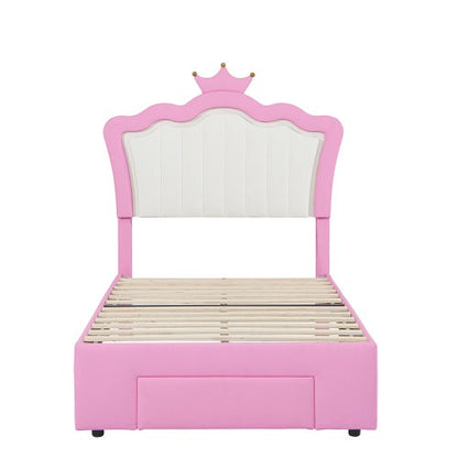 Twin Size Upholstered Bed Frame With LED Lights With Crown Headboard and Drawer - - bed frame