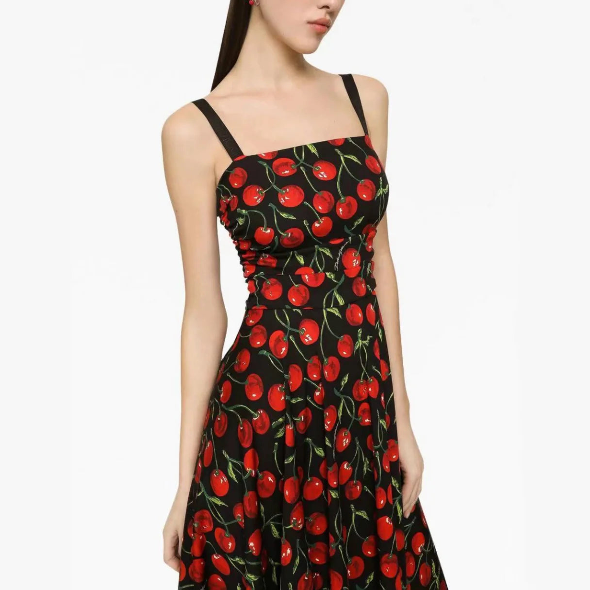 Floral Printed Cherry Belt Dress - - dress