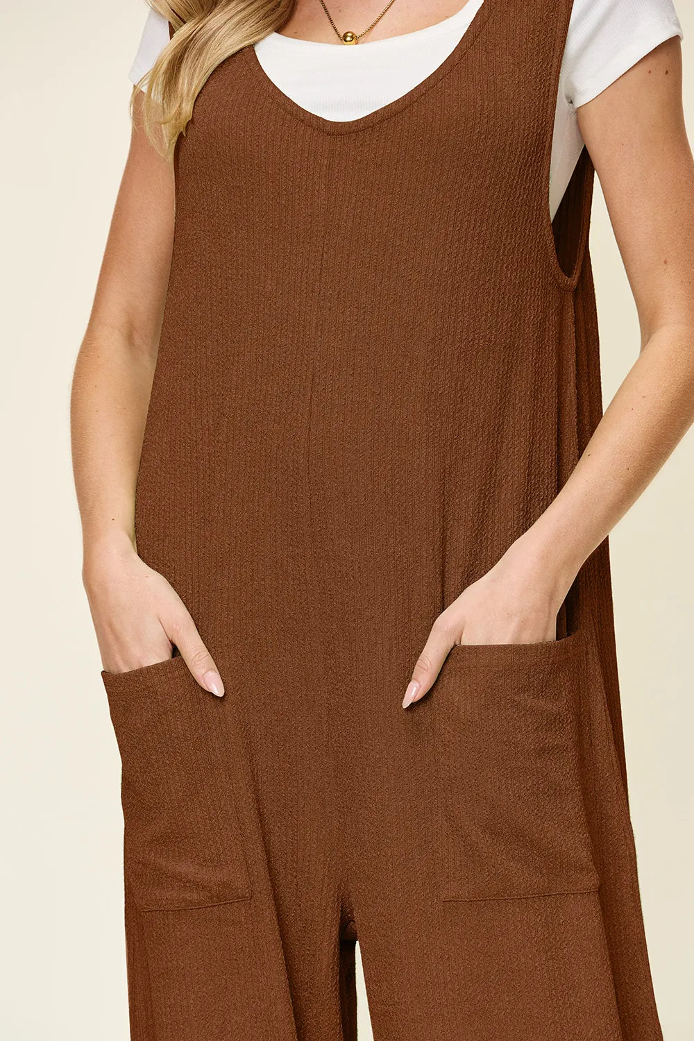 Double Take Full Size Texture Sleeveless Wide Leg Jumpsuit - -