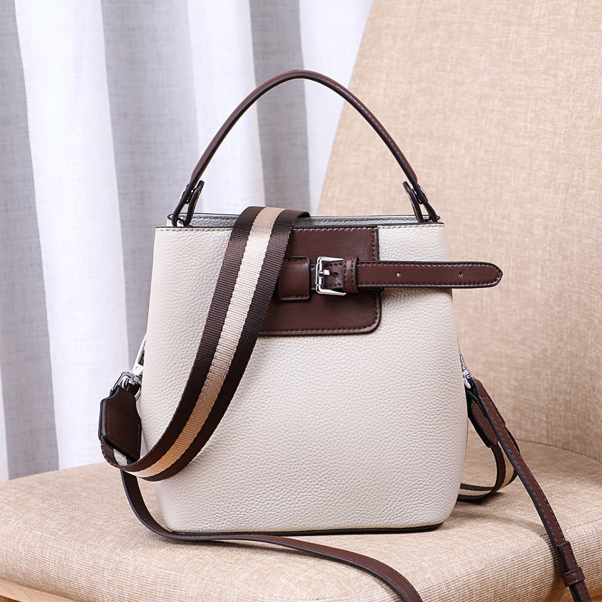 Genuine leather crossbody bucket bag all-match shoulder bag - Ivory 20*13*21.5（cm） -