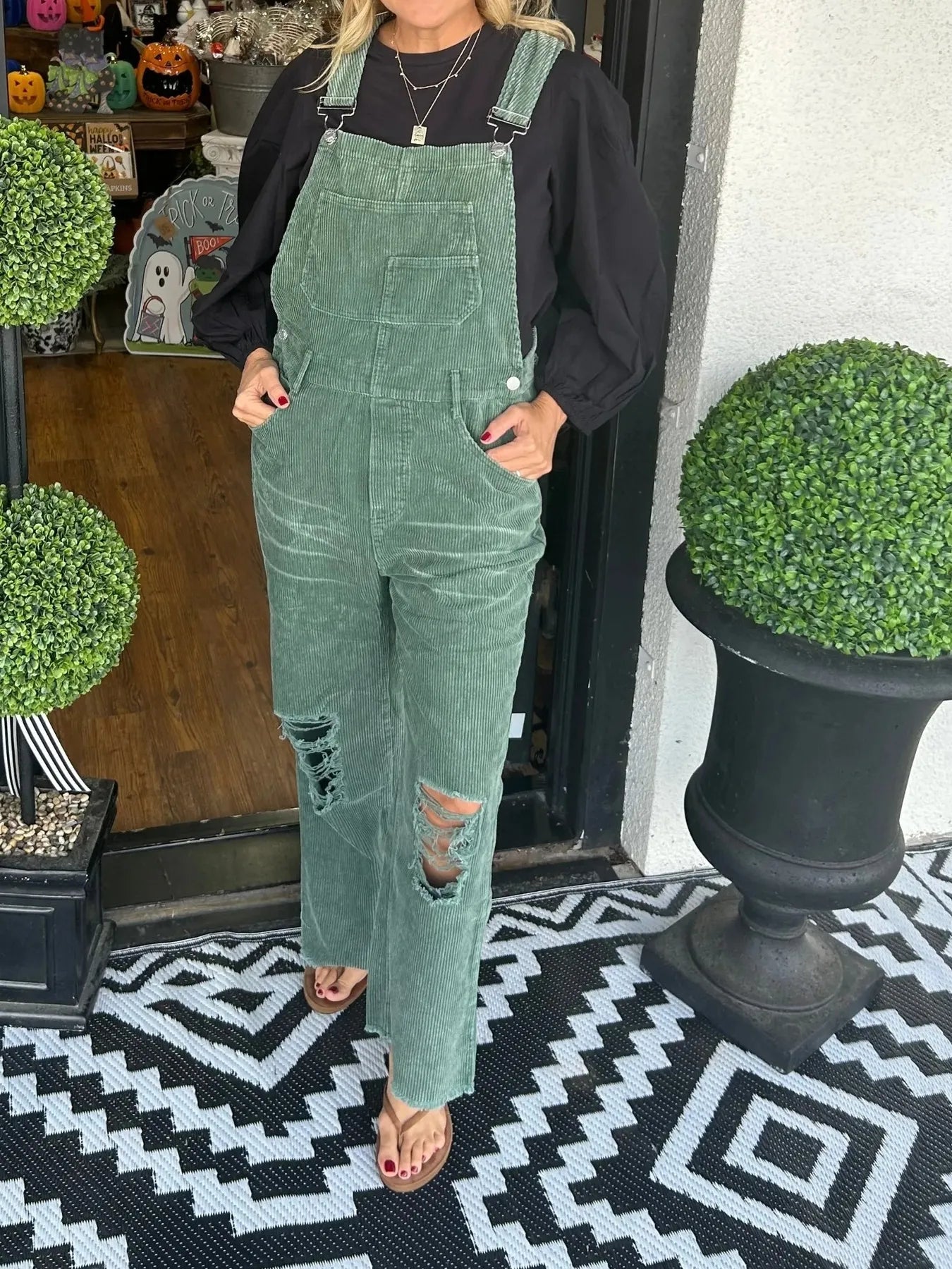 Distressed Wide Leg Corduroy Overalls - Green -