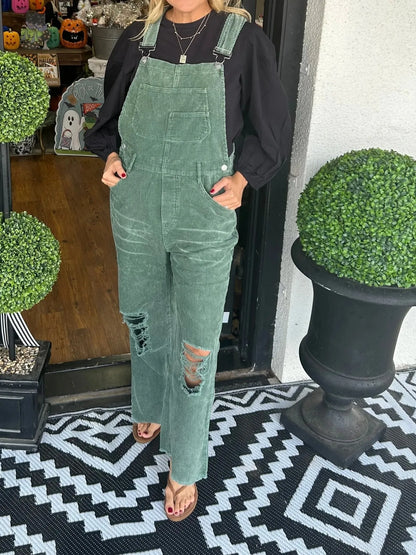 Distressed Wide Leg Corduroy Overalls - Green -