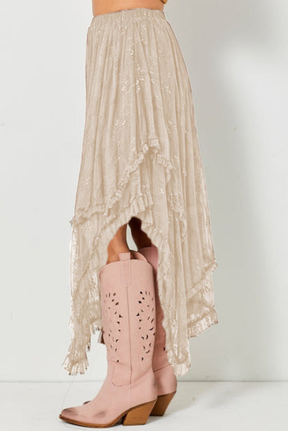 Apricot Lace Cascading Tiered High Waist Maxi Skirt - - Bottoms/Skirts & Petticoat