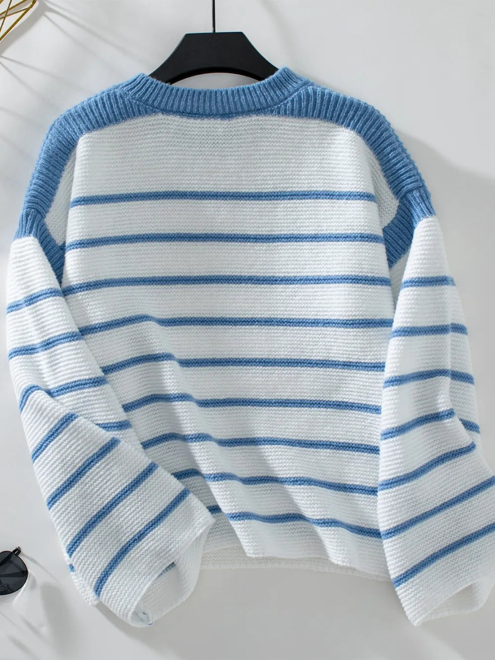 Striped Round Neck Long Sleeve Sweater - -