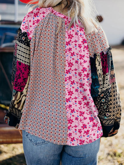 Boho Mixed Floral Drop Shoulder Bubble Sleeve Blouse - -