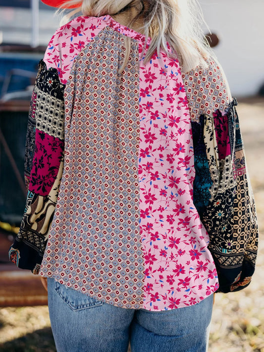 Boho Mixed Floral Drop Shoulder Bubble Sleeve Blouse - -