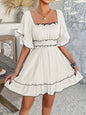 Square Neck Ruffle Trim Mini Dress - Beige -